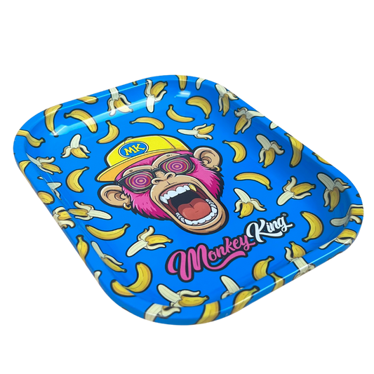 Bandeja metálica Beetle Print Banana Madness mostrada en perspectiva con diseño azul de plátanos y personaje central