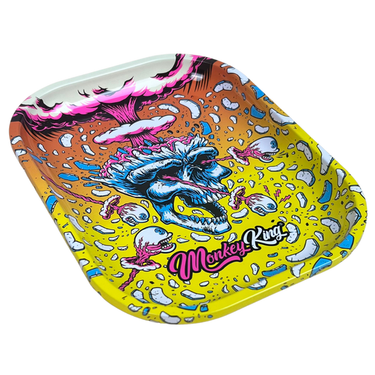 Bandeja metálica Beetle Print Brain Explosion mostrada en perspectiva con diseño psicodélico en tonos azul, amarillo, rosa y naranja