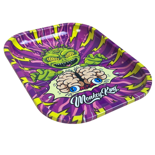 Bandeja metálica Beetle Print Mind Control mostrada en perspectiva con diseño psicodélico violeta, verde y amarillo