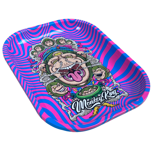 Bandeja metálica Beetle Print Mind Trip mostrada en perspectiva con ilustración psicodélica en tonos rosa, azul y violeta