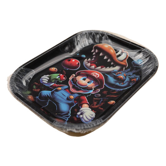Bandeja metálica decorativa con ilustración estilo videojuego clásico vista en perspectiva