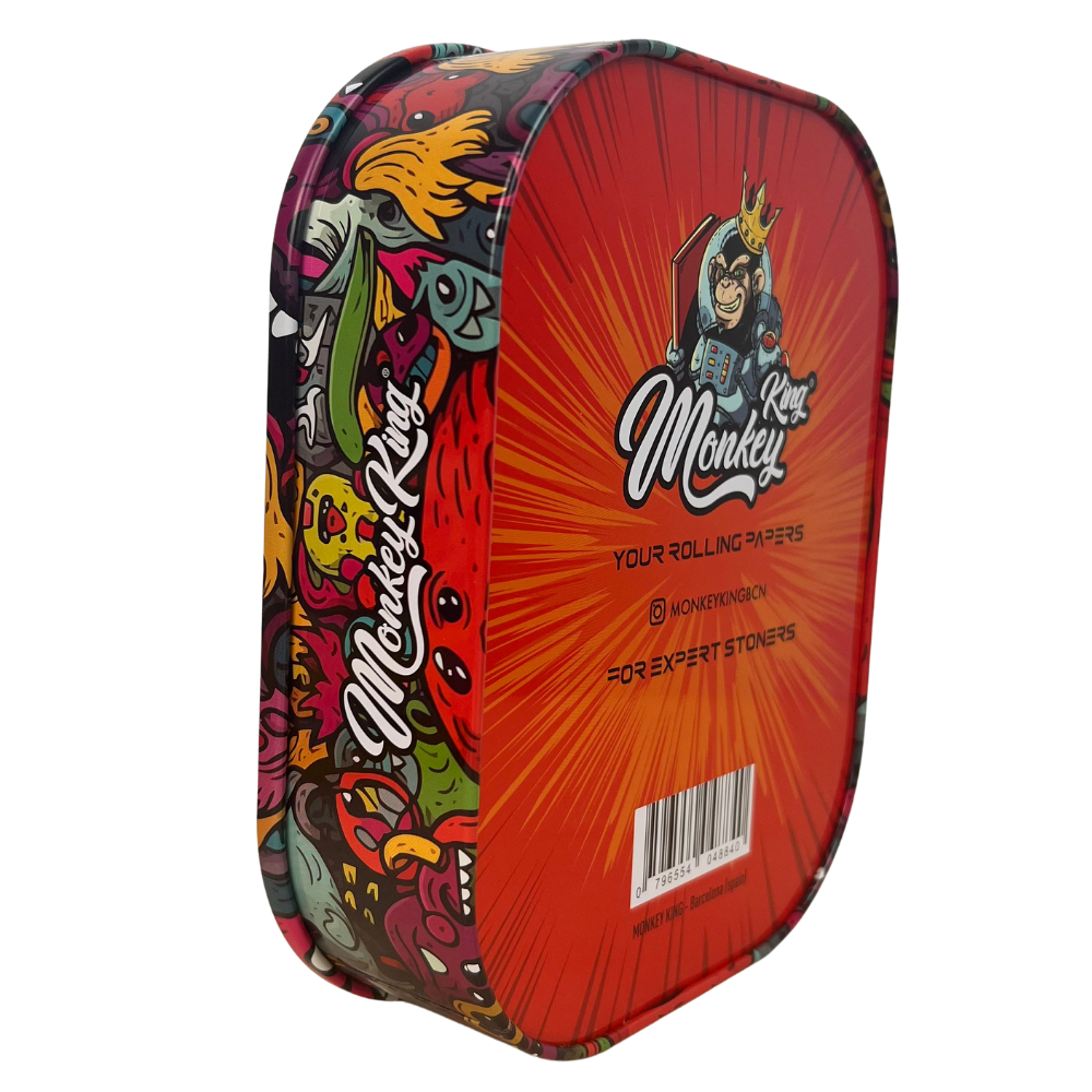 Caja metálica Beetle Print Monkey King Monsters abierta mostrando la tapa ilustrada y el interior metálico dorado
