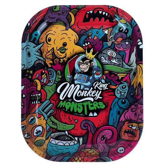Caja metálica Beetle Print Monkey King Monsters vista desde arriba con ilustración multicolor de criaturas y fondo oscuro