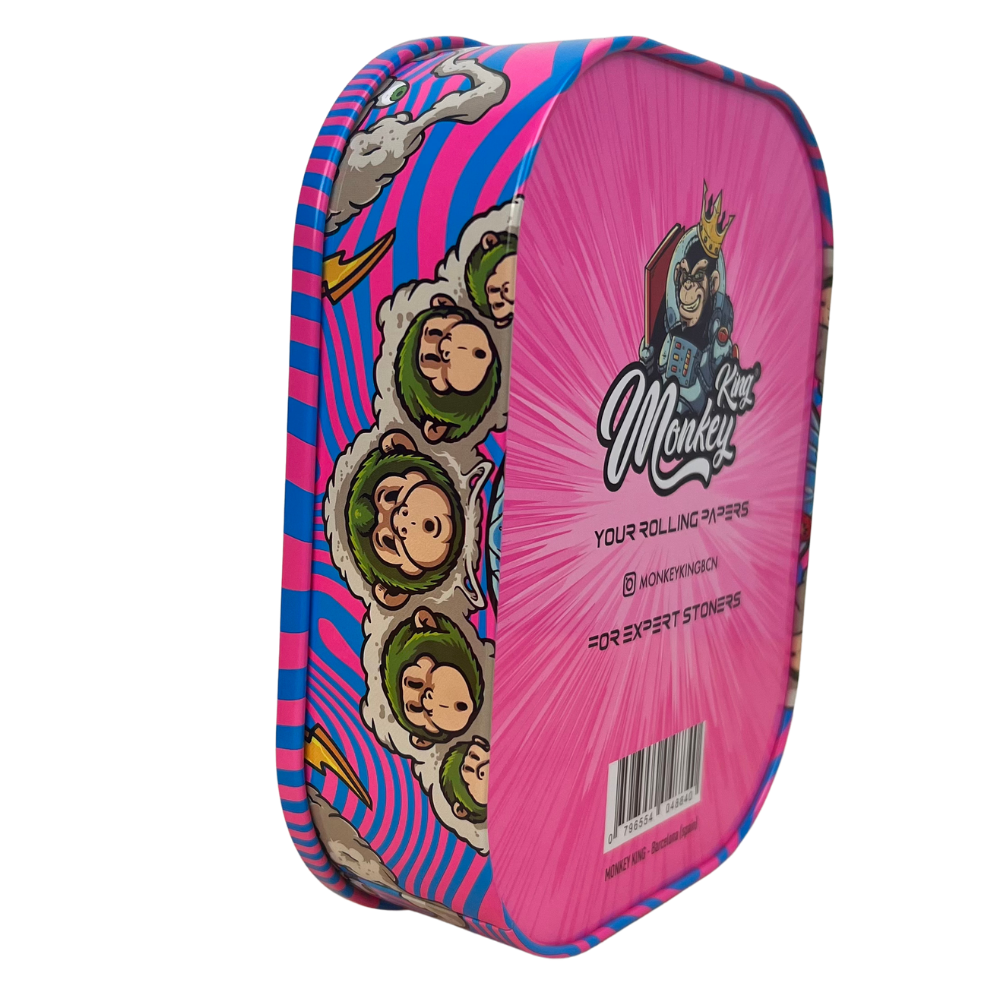 Caja metálica Beetle Print Monkey King abierta mostrando la tapa decorada y el interior metálico dorado