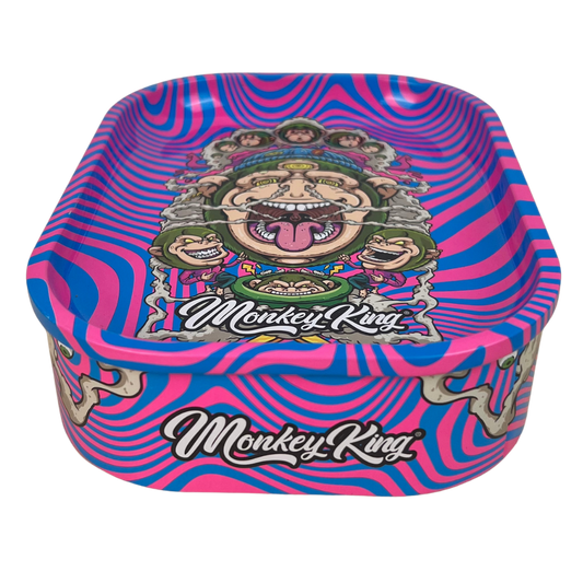 Caja metálica Beetle Print Monkey King vista desde arriba con diseño psicodélico rosa y azul