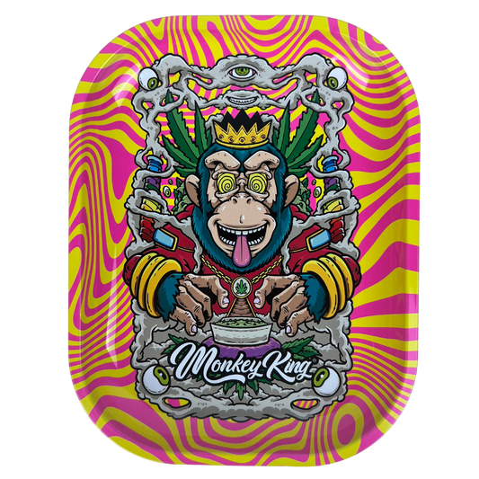 Caja metálica Beetle Print Monkey King vista desde arriba con diseño psicodélico rosa y amarillo