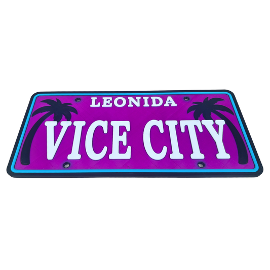 Cartel decorativo Beetle Print Vice City mostrado en perspectiva con diseño rosa y azul neón de estilo retro