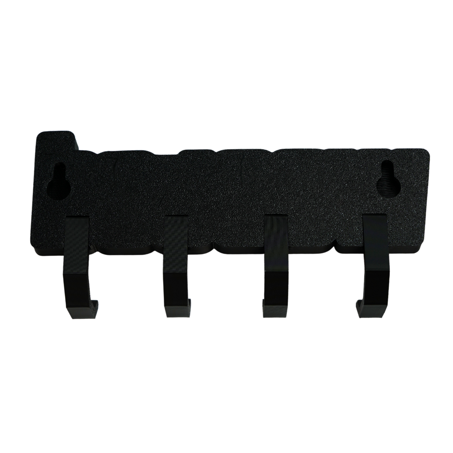 Parte trasera del cuelgallaves de pared impreso en 3D con sistema de montaje mediante dos orificios para tornillos.