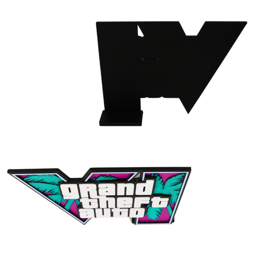 Decoración gaming impresa en 3D inspirada en la estética Vice City mostrando el montaje y la base.