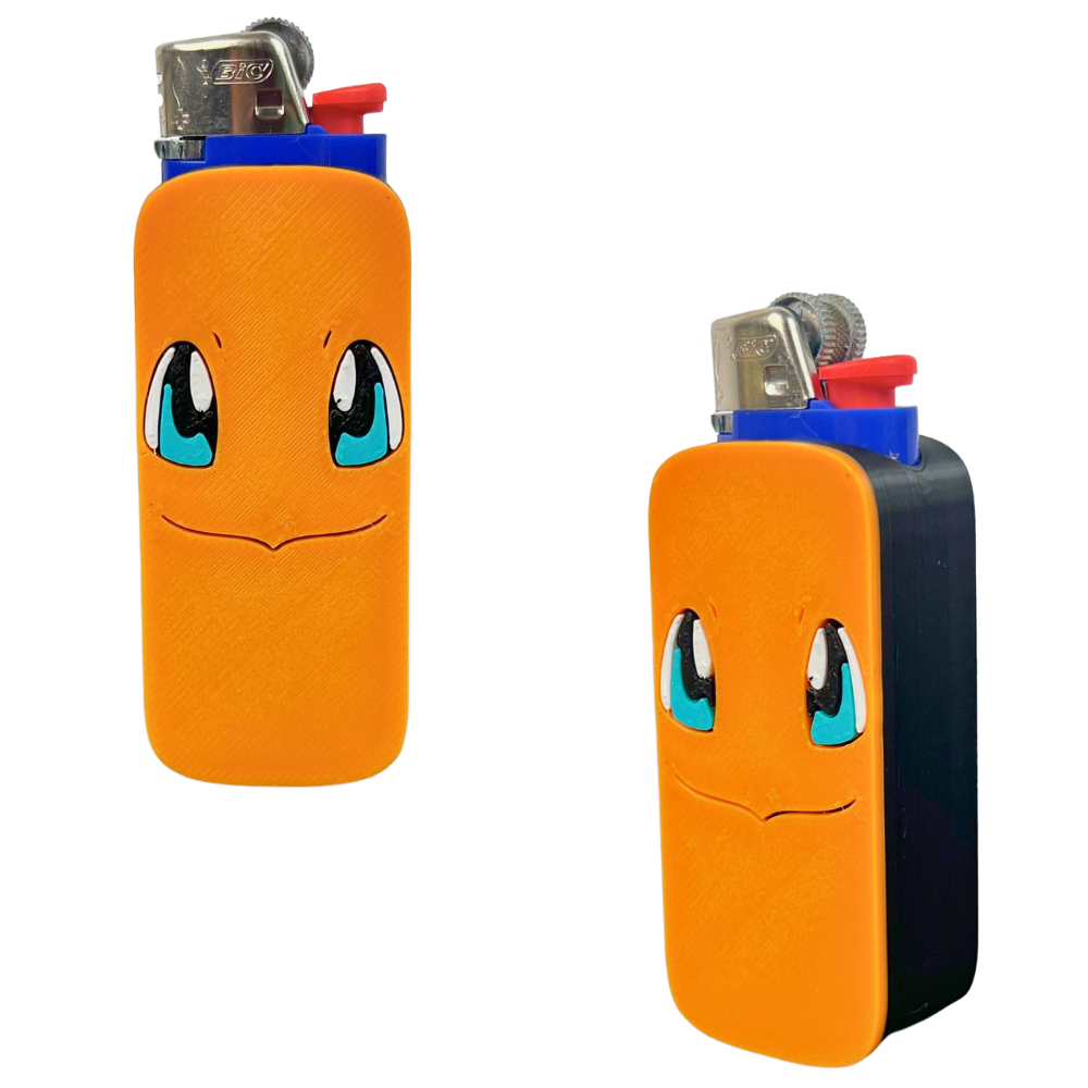 Funda para mechero BIC Fire Lizard de Beetle Print impresa en 3D, en color naranja con grandes ojos azules y diseño de criatura de fuego.