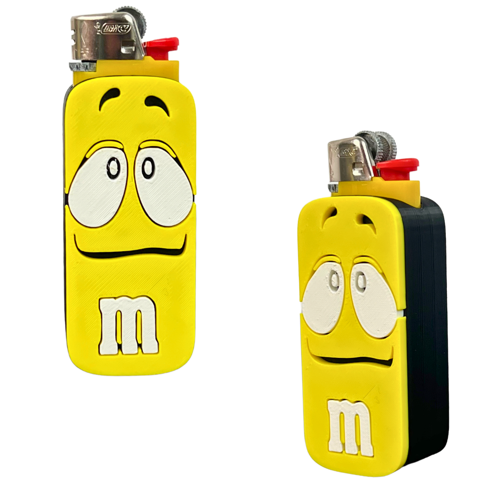 Funda para mechero BIC Mood amarilla de Beetle Print, impresa en 3D con cara expresiva, ojos blancos y detalles negros en relieve.