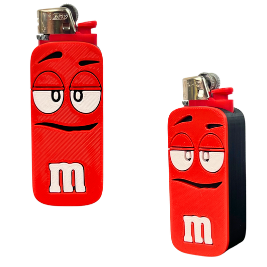 Funda para mechero BIC Mood roja de Beetle Print, impresa en 3D con cara expresiva y detalles blancos y negros en relieve.