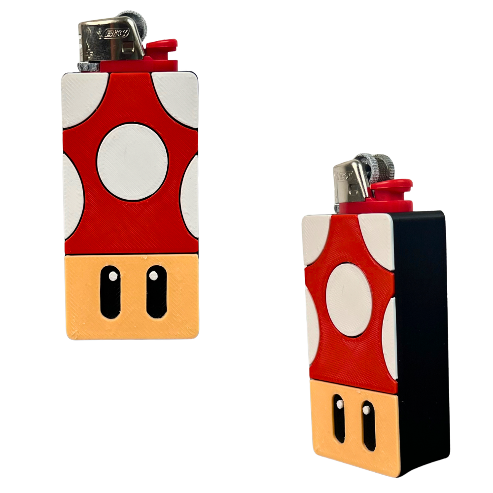 Funda para mechero BIC Power Mushroom de Beetle Print impresa en 3D, con diseño de seta roja y blanca, base beige y detalles en relieve.