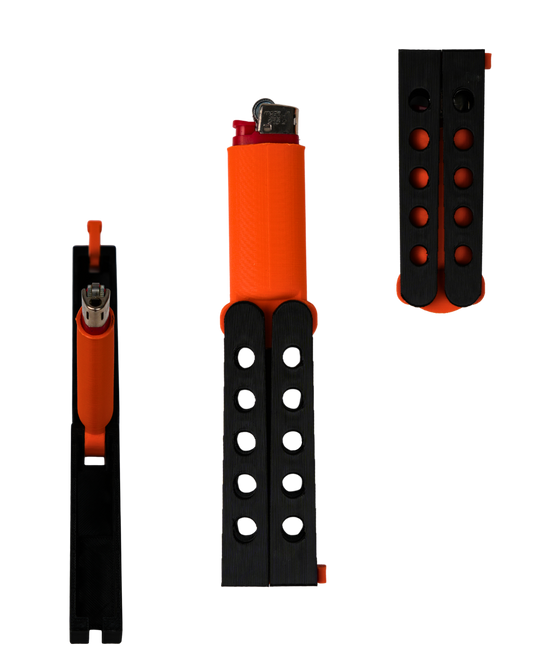 Funda para mechero BIC Spin Flame Mini negra y naranja impresa en 3D con mecanismo Butterfly Flip para apertura tipo mariposa.
