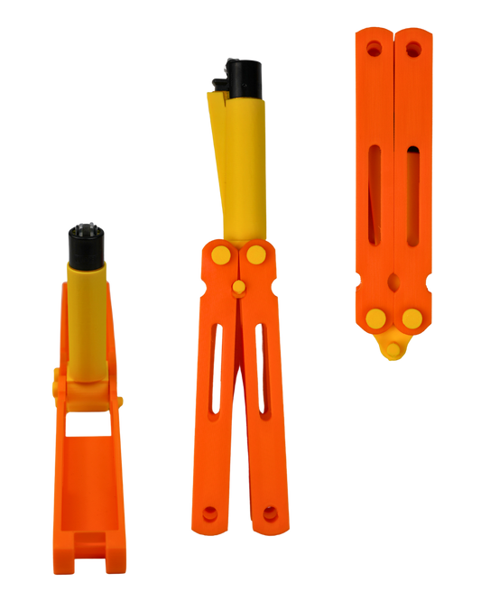 Funda para mechero Spin Flame naranja impresa en 3D con apertura giratoria tipo mariposa y mechero incluido.