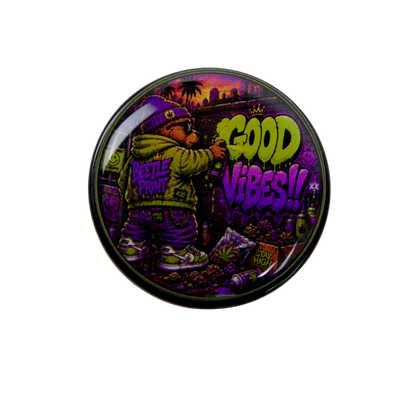 Grinder Good Vibes Beetle Print con tapa holográfica y base de cristal transparente premium