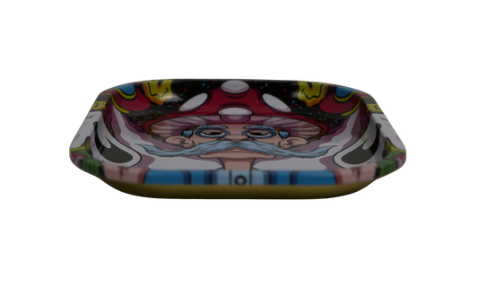 Angled view of colorful psychedelic metal rolling tray