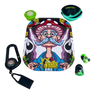 Pack Beetle Print Green Vibes con bandeja, bowl de silicona, wax, Lighter Leash y dedales en tonos verdes