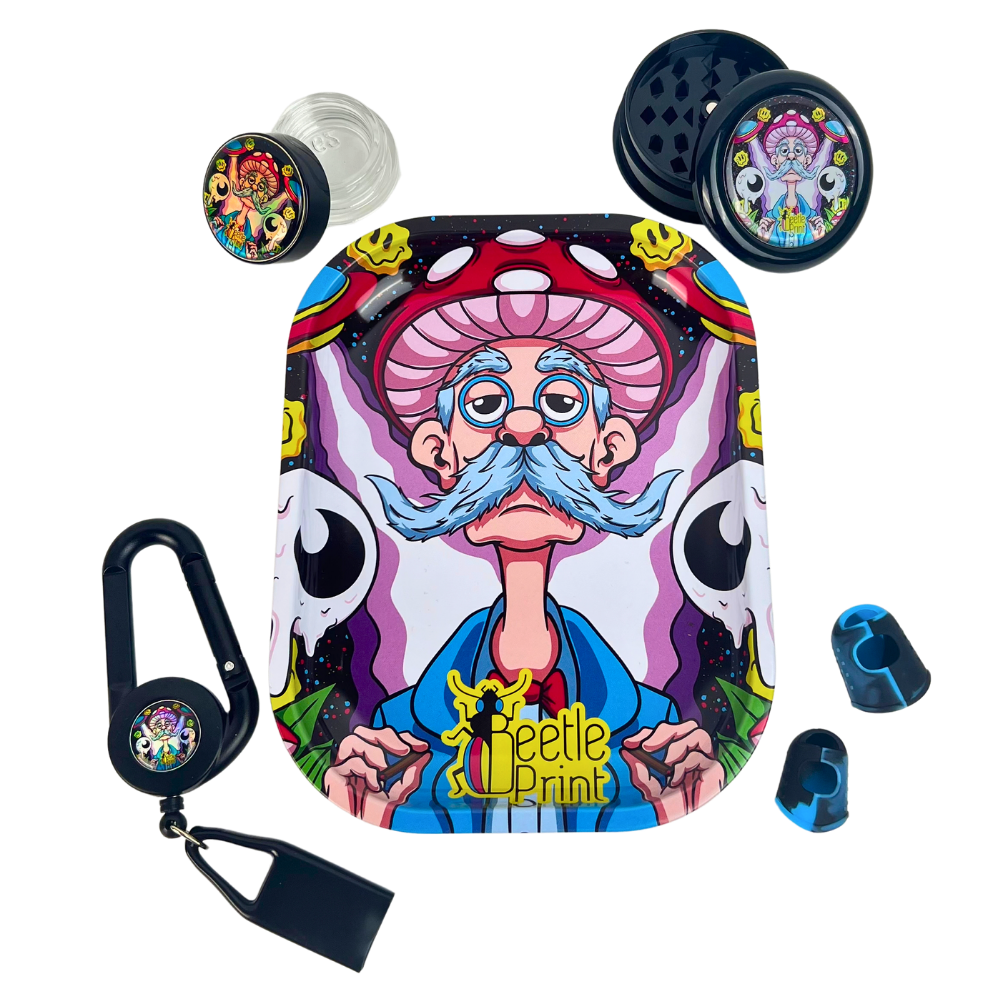 Pack Beetle Print holográfico 5 en 1 con bandeja, molinillo, tarro, Lighter Leash y dedales de silicona