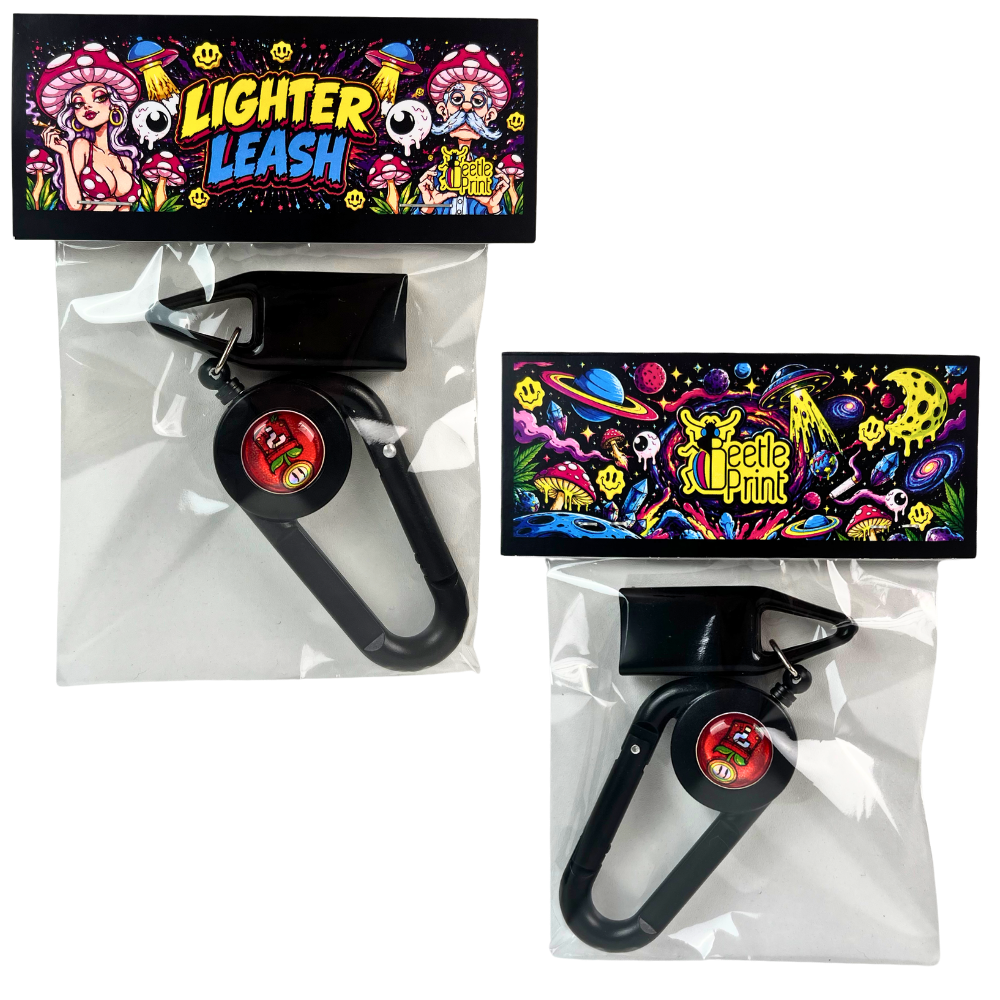 Packaging Lighter Leash Beetle Print con picamecheros extensible negro y diseño gráfico de la marca