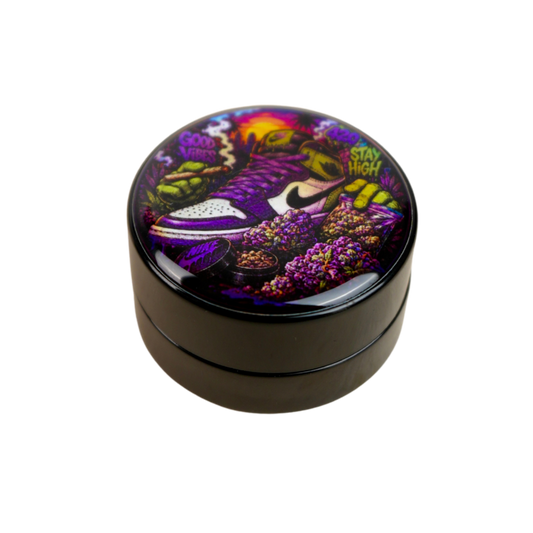 Tarro de cristal con tapa de resina holográfica y base negra, diseño urbano multicolor inspirado en streetwear y estética neon.