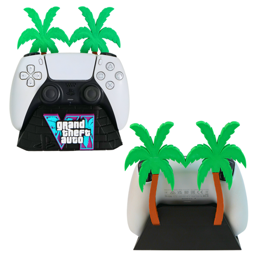 Vista frontal y trasera del soporte para mando gaming GTA VI versión mejorada impreso en 3D con base decorativa y palmeras. Mando no incluido.
