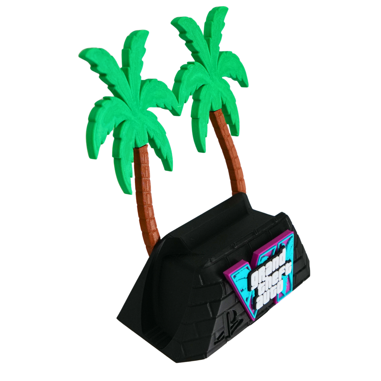 Soporte para mando gaming GTA VI versión mejorada mostrando el mando colocado y la parte trasera del soporte.