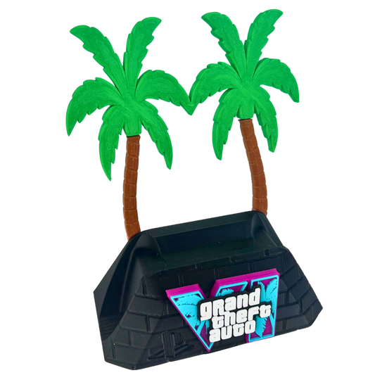 Soporte para mando Beetle Print Vice City fabricado en 3D con base negra, palmeras verdes y diseño urbano