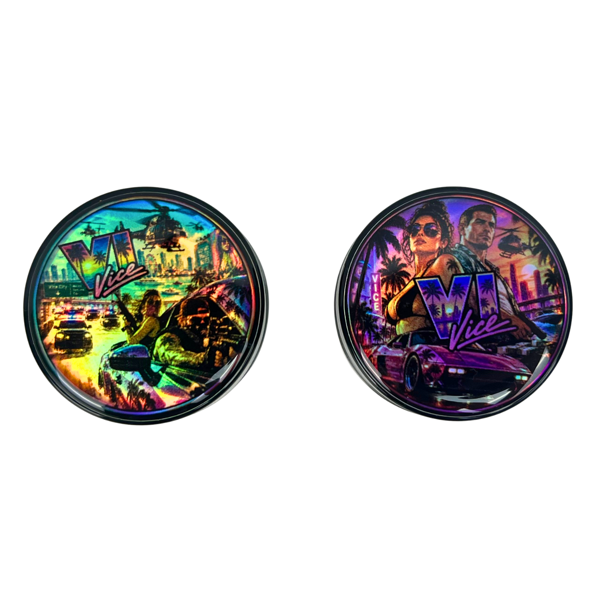 Dos diseños holográficos Beetle Print para tarros de vidrio de 5 ml, disponibles para combinar dentro del pack