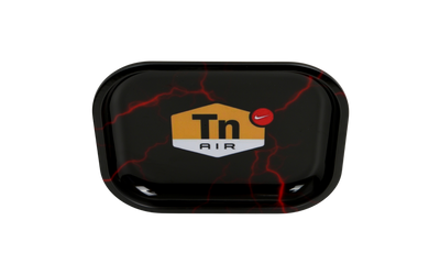 Top view of black metal rolling tray with red lightning details