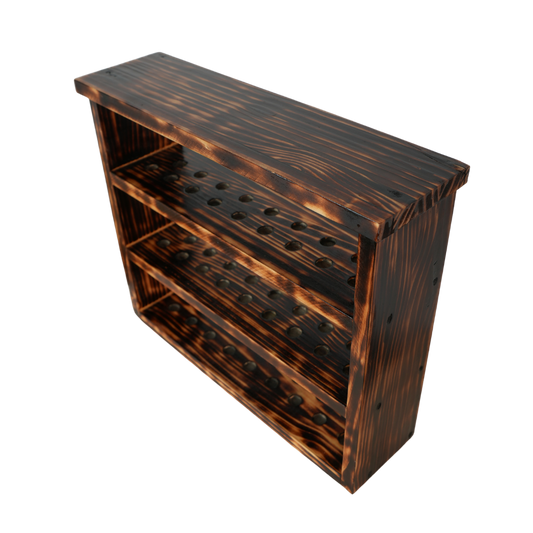 Expositor de Madera Maciza para 51 Mecheros Clipper – Pino Envejecido al Fuego – Display Artesanal Premium