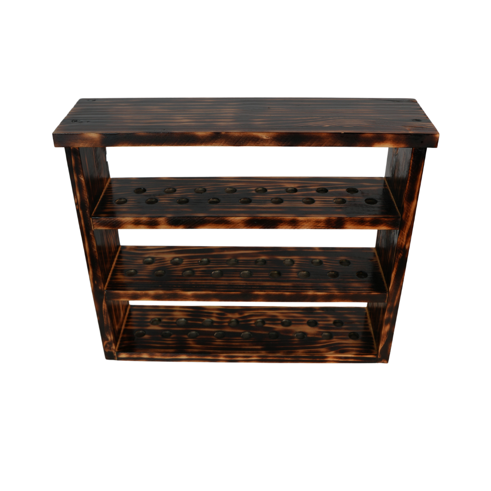 Expositor de Madera Maciza para 51 Mecheros Clipper – Pino Envejecido al Fuego – Display Artesanal Premium