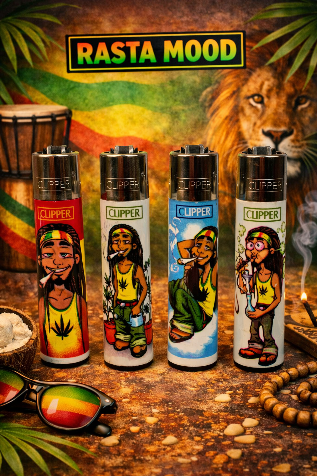 Pack de 4 mecheros Clipper Rasta Mood con diseños reggae y estilo rastafari