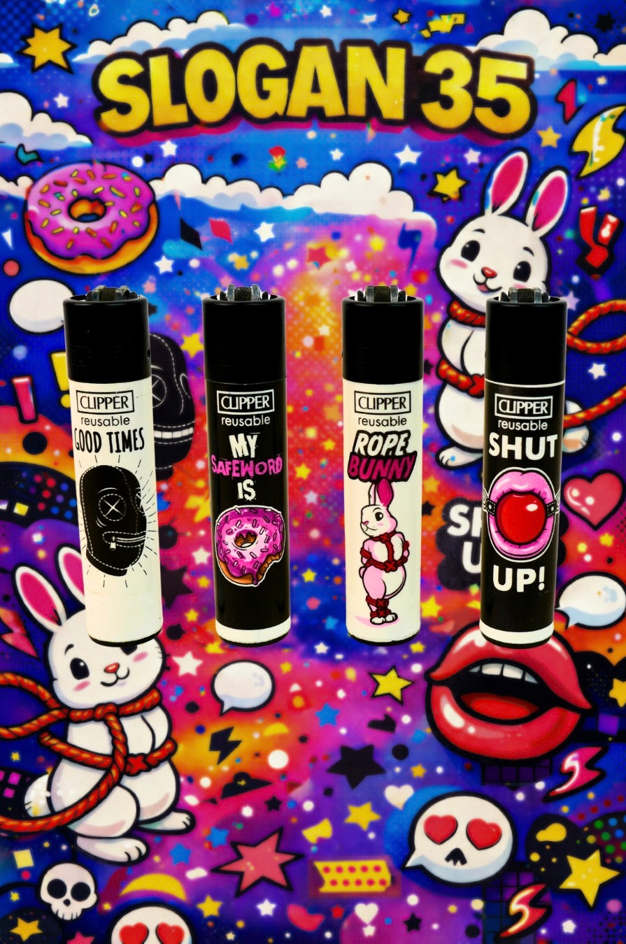 Pack de 4 mecheros Clipper Slogan 35 con frases provocadoras y diseño pop colorido