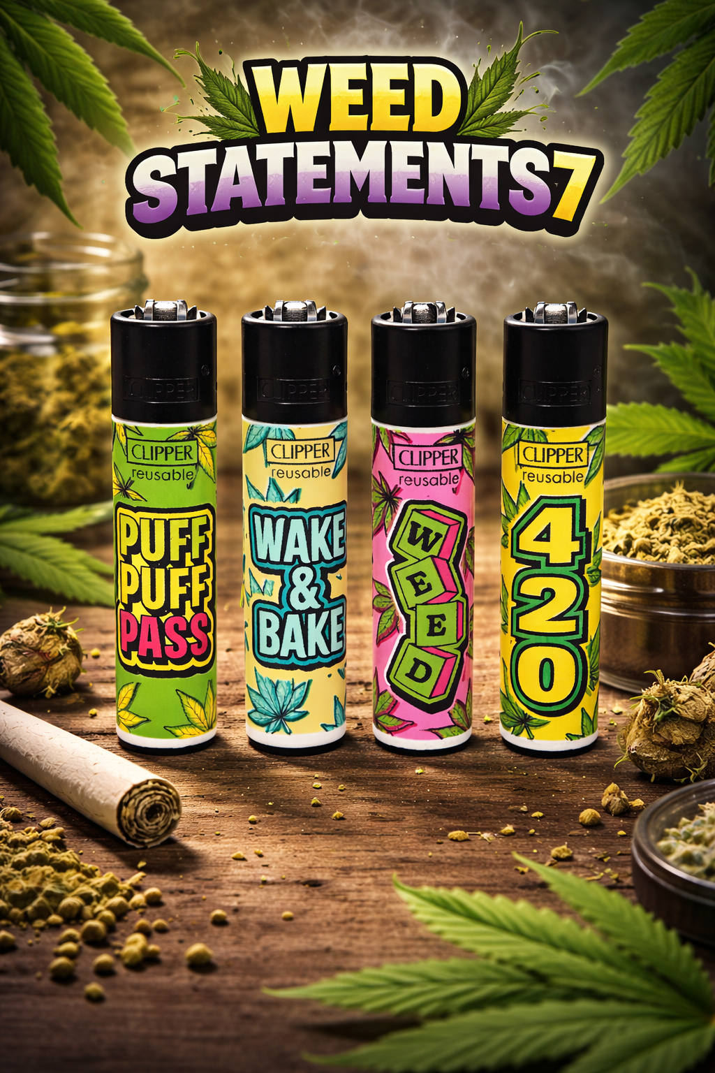 Pack de 4 mecheros Clipper Weed Statements con diseños Puff Puff Pass, Wake & Bake, Weed y 420.