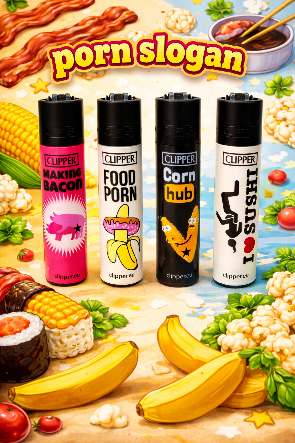 Pack de 4 mecheros Clipper con diseños porn slogan y humor food porn, incluyendo Food Porn, Corn Hub, Making Bacon e I Love Sushi