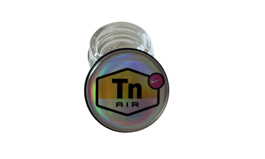 Tarro de vidrio 5ml con logo DIR holográfico y gota de resina epoxi efecto relieve vidrio transparente
