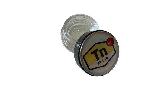Tarro de vidrio 5ml con logo DIR holográfico punto rojo y gota de resina epoxi efecto relieve frasco transparente