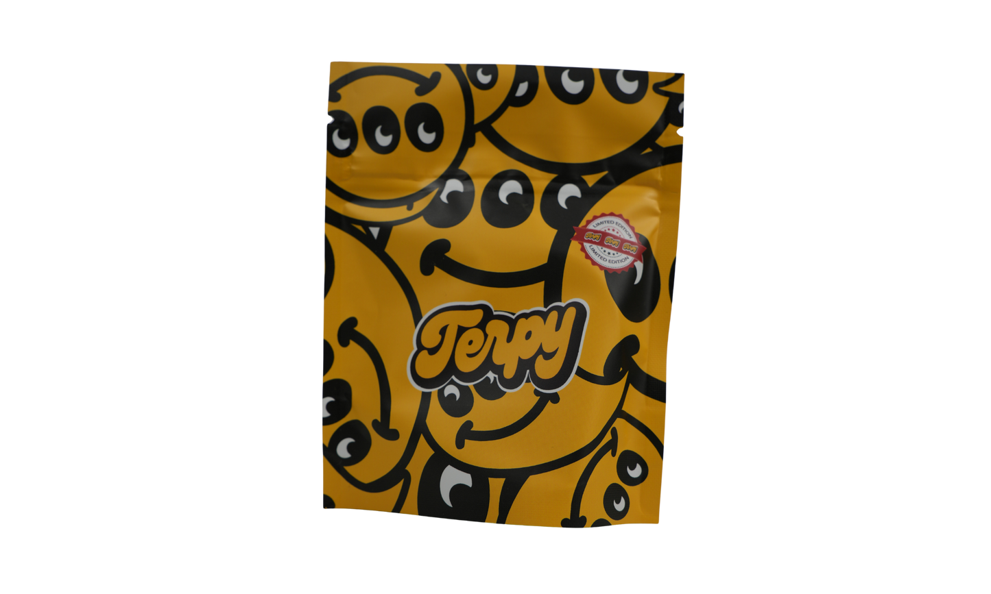 Bolsa Terpy amarilla con diseño smiley y logo Terpy, packaging edición limitada frontal