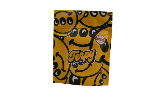 Bolsa Terpy amarilla con diseño smiley y logo Terpy, packaging edición limitada frontal