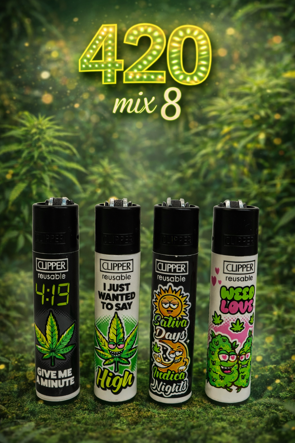 Pack de 4 mecheros Clipper 420 Mix 8 con diseños estilo 420