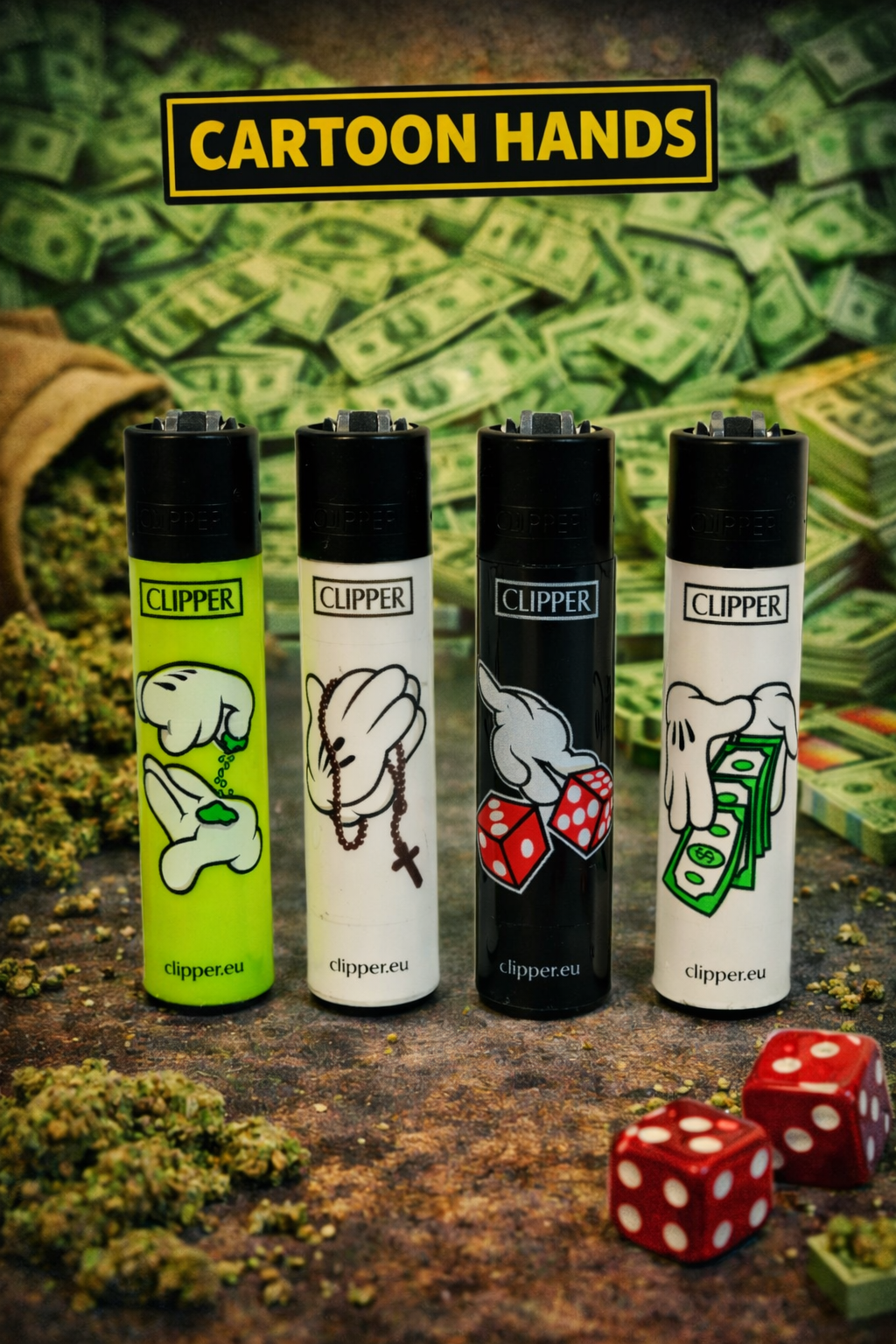 Pack de 4 mecheros Clipper reutilizables con diseño Cartoon Hands