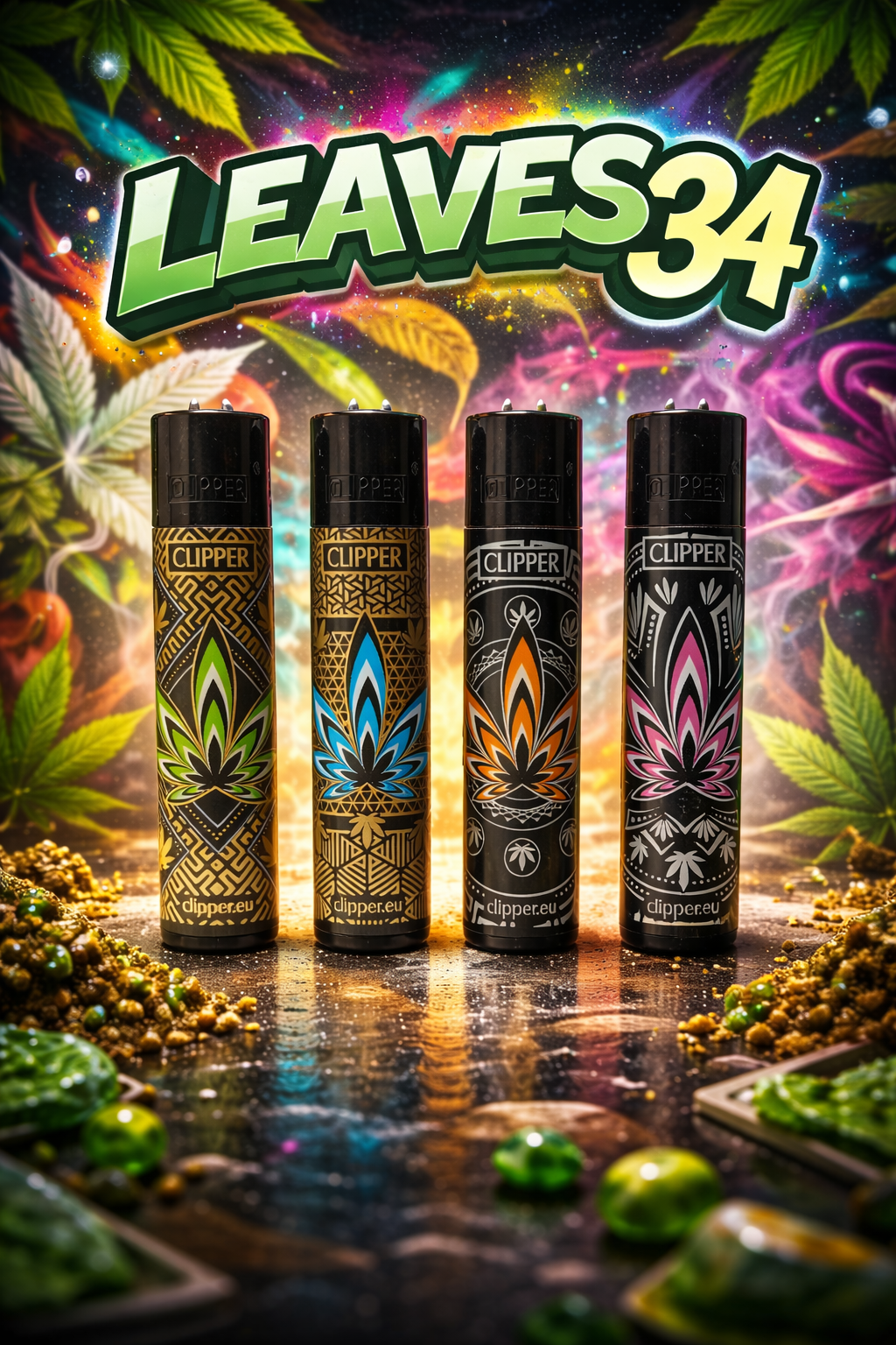 Pack de 4 mecheros Clipper Leaves 34 con diseños botánicos