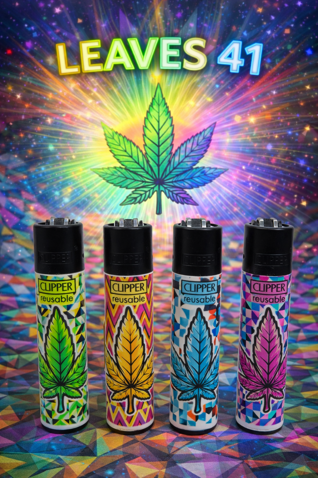 Pack de 4 mecheros Clipper Leaves 41 con diseño psicodélico y hojas multicolor