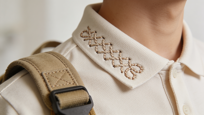 Detalle macro de bordado en cuello de polo y correa de mochila, Beetle Print