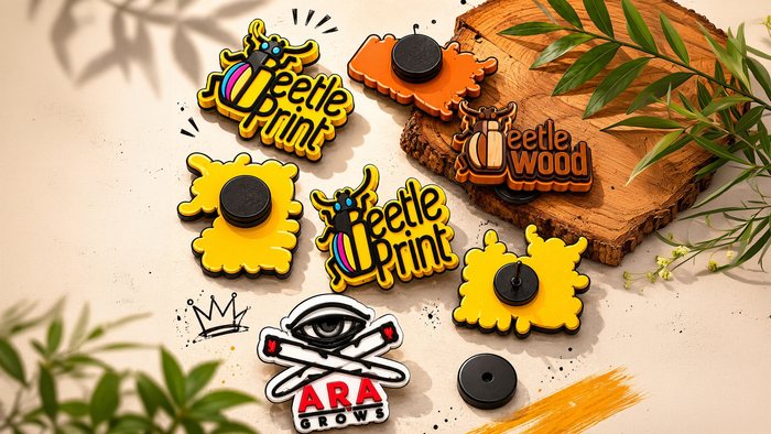 Pines y charms de PVC personalizados Beetle Print sobre mesa de madera, formato panorámico