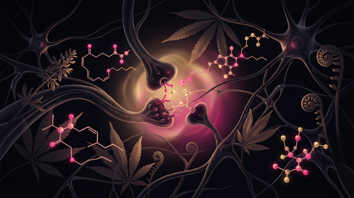 Scientific illustration about cannabis, the endocannabinoid system and menstrual pain