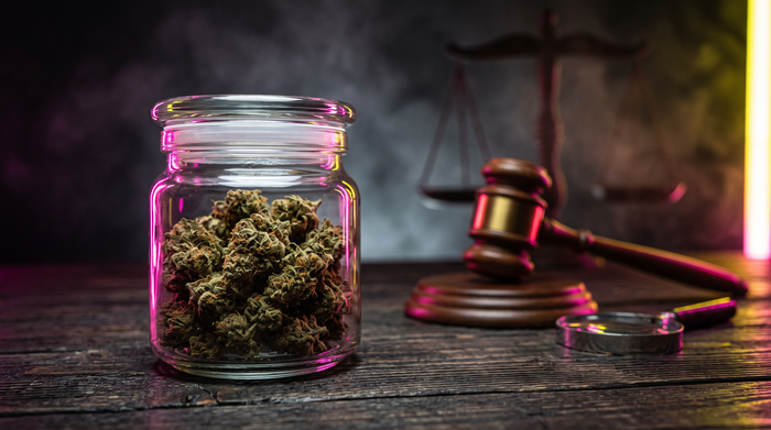 CBD flower buds in a glass jar next to a blurred scale of justice, representing the legal grey area of cannabis light in Spain and Europe