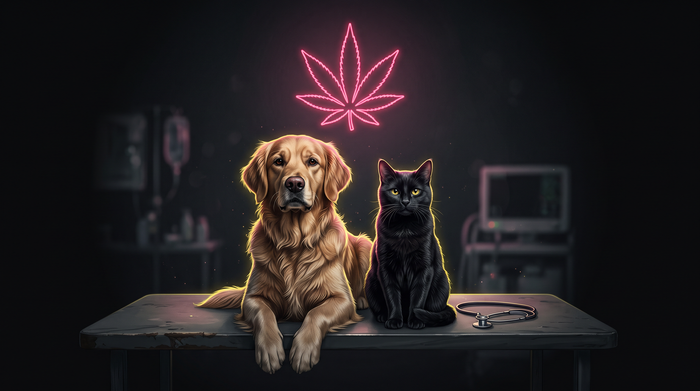 Dog and cat at a veterinary consultation with a neon-pink illustrated cannabis leaf, representing THC toxicity in pets