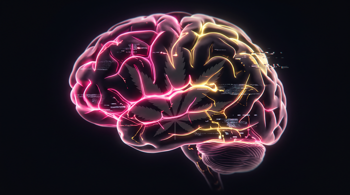 Illustration of cannabis and the human brain representing the connection between cannabis use, anxiety, psychosis, and mental health
